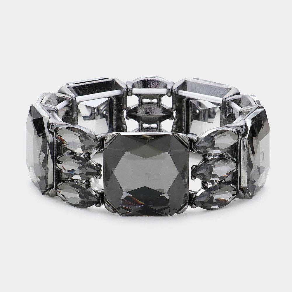 Black Rectangle Marquise Glass Stone Cluster Stretch Evening Bracelet - Jewelry Store by Erik Rayo
