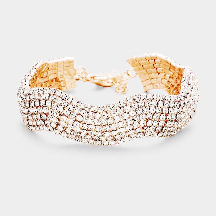 Rose Gold Wavy Crystal Rhinestone Pave Evening Bracelet