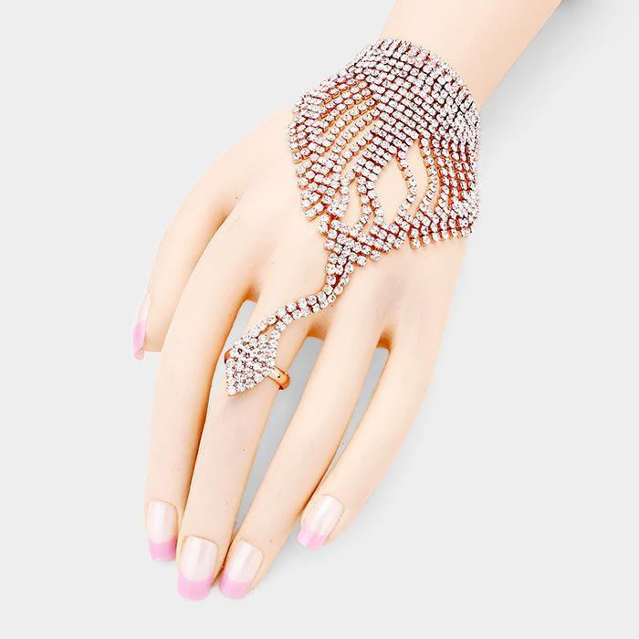 Rose Gold Crystal Rhinestone Pave Hand Chain Evening Bracelet - Jewelry Store by Erik Rayo