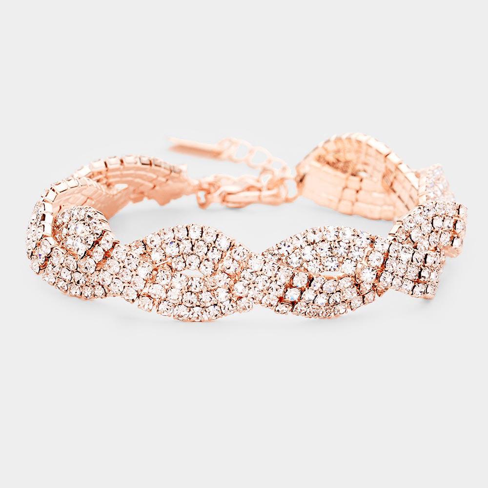 Rose Gold Rhinestone Pave Braid Evening Bracelet