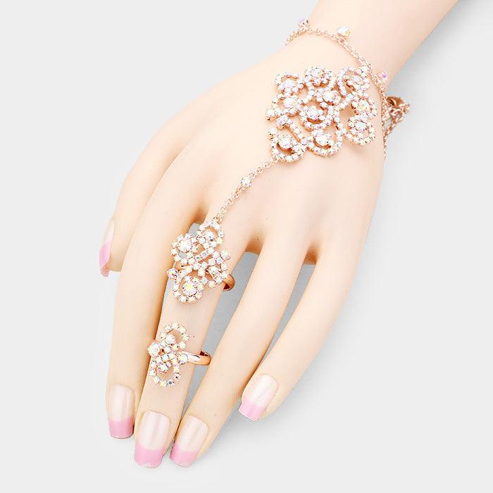 Rose Gold Pave Crystal Rhinestone Hand Chain Evening Bracelet