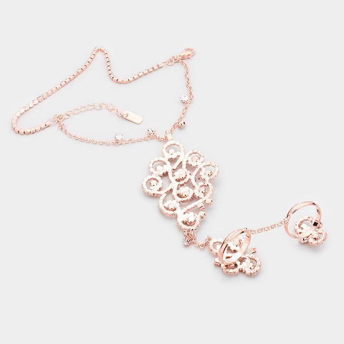 Rose Gold Pave Crystal Rhinestone Hand Chain Evening Bracelet - Jewelry Store by Erik Rayo