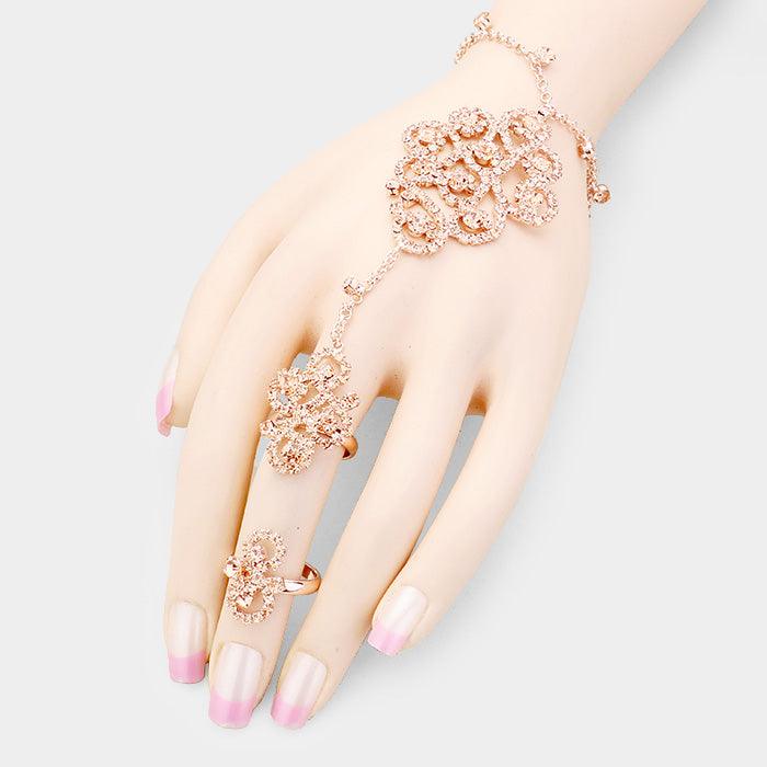 Rose Gold Pave Crystal Rhinestone Hand Chain Evening Bracelet