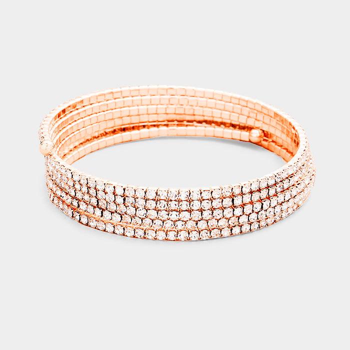 Rose Gold 5Rows Crystal Rhinestone Pave Coil Bracelet