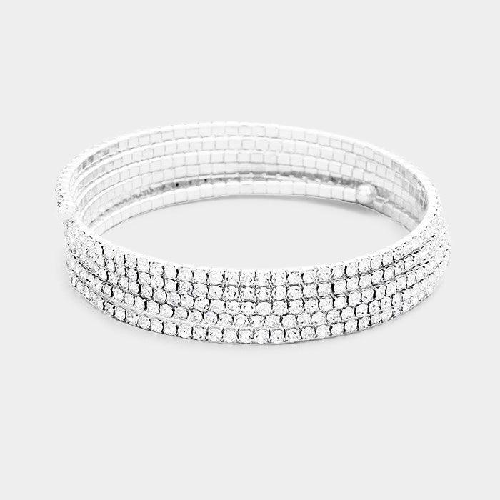 Silver 5Rows Crystal Rhinestone Pave Coil Bracelet