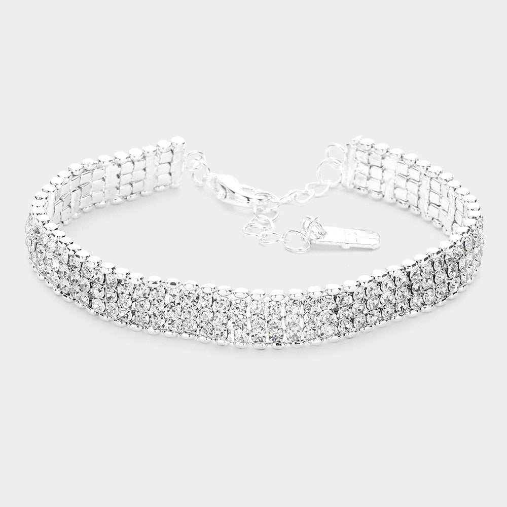 Silver 3Rows Rhinestone Evening Bracelet