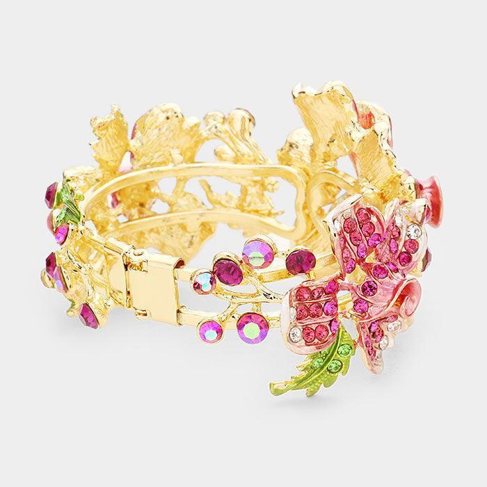 Gold Crystal Pave Triple Flower Hinged Evening Bracelet - Jewelry Store by Erik Rayo