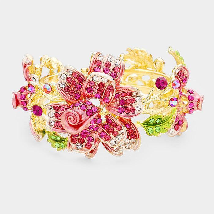 Gold Crystal Pave Triple Flower Hinged Evening Bracelet - Jewelry Store by Erik Rayo