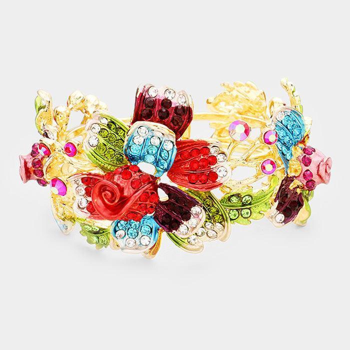 Gold Crystal Pave Triple Flower Hinged Evening Bracelet - Jewelry Store by Erik Rayo