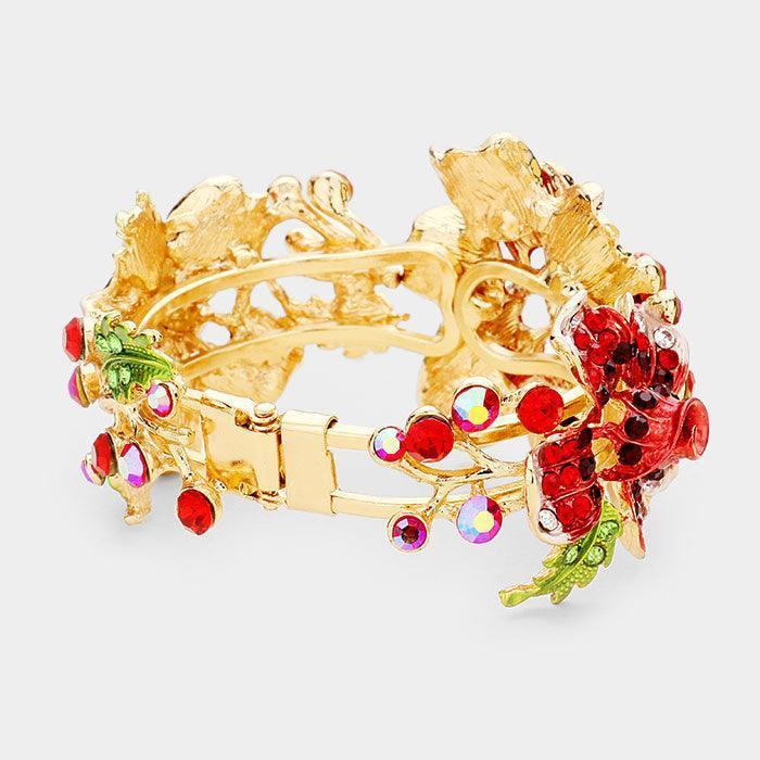 Red Crystal Pave Triple Flower Hinged Evening Bracelet - Jewelry Store by Erik Rayo