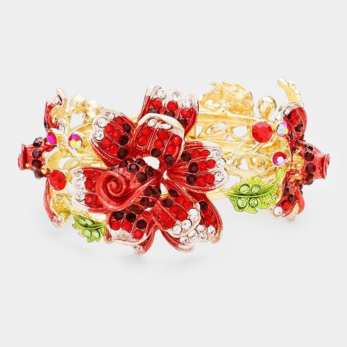 Red Crystal Pave Triple Flower Hinged Evening Bracelet - Jewelry Store by Erik Rayo