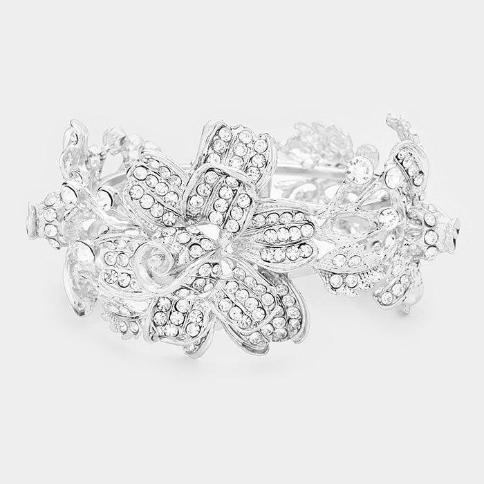 Clear Crystal Pave Triple Flower Hinged Evening Bracelet - Jewelry Store by Erik Rayo