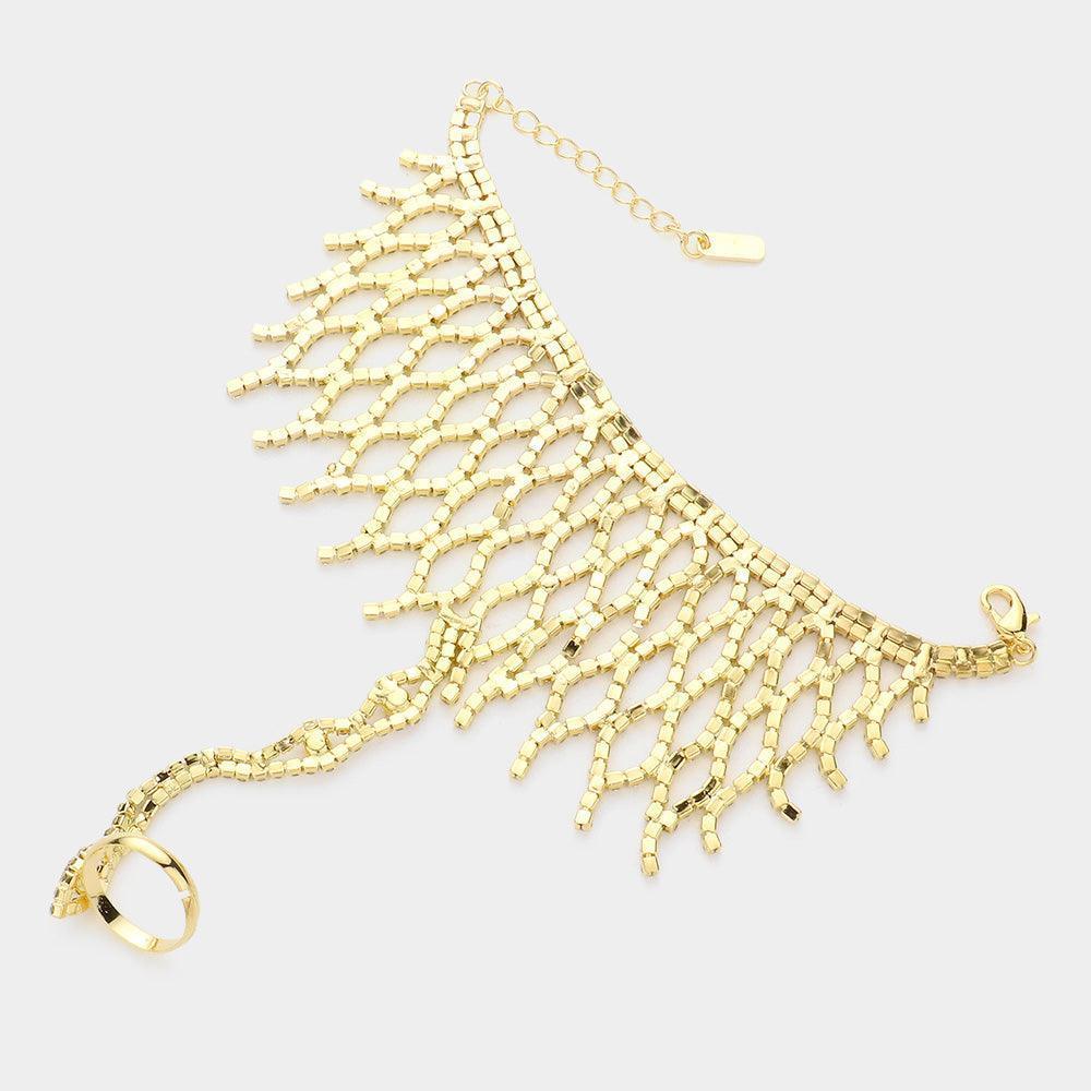 Gold Rhinestone Pave Hand Chain Evening Bracelet - Jewelry Store by Erik Rayo
