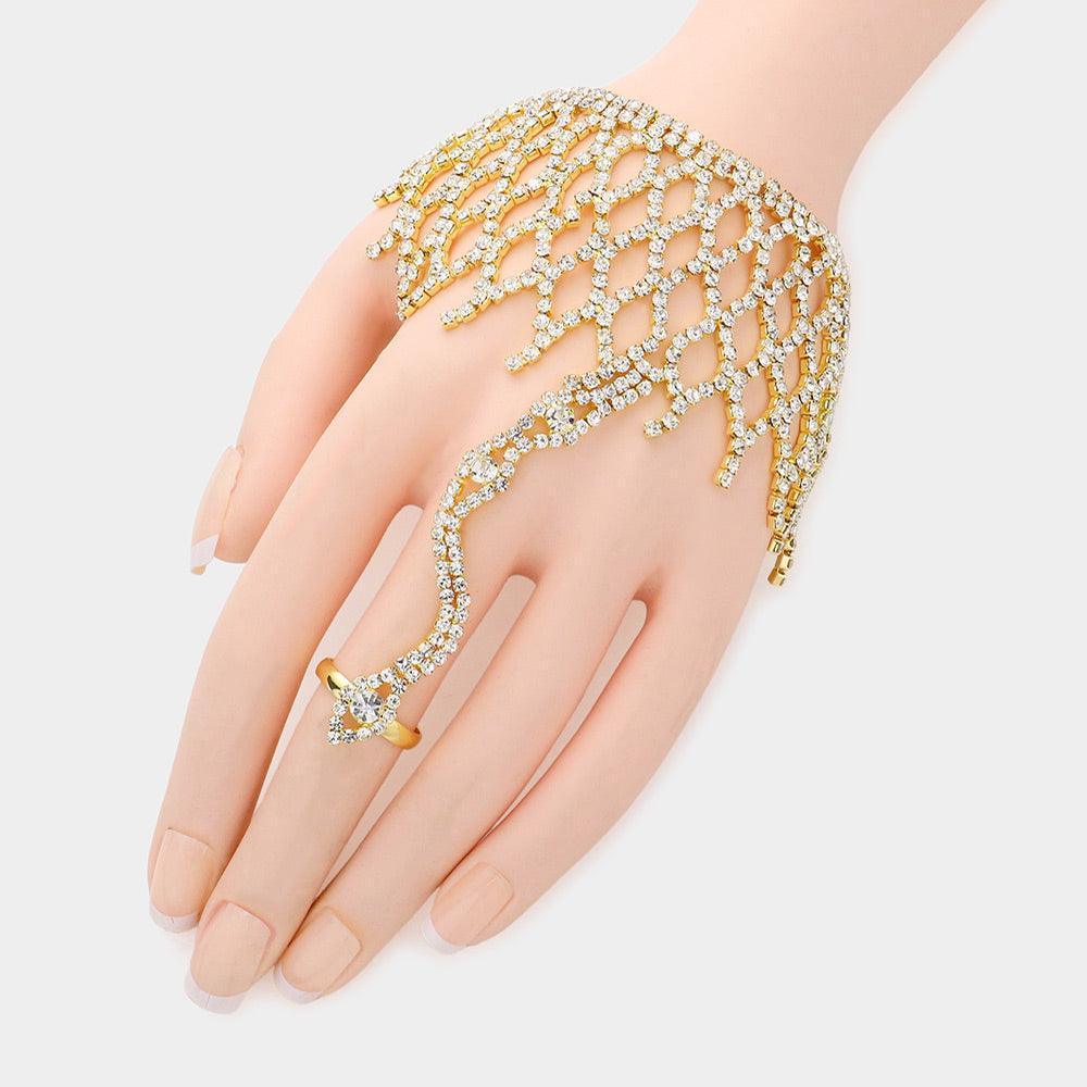 Gold Rhinestone Pave Hand Chain Evening Bracelet - Jewelry Store by Erik Rayo