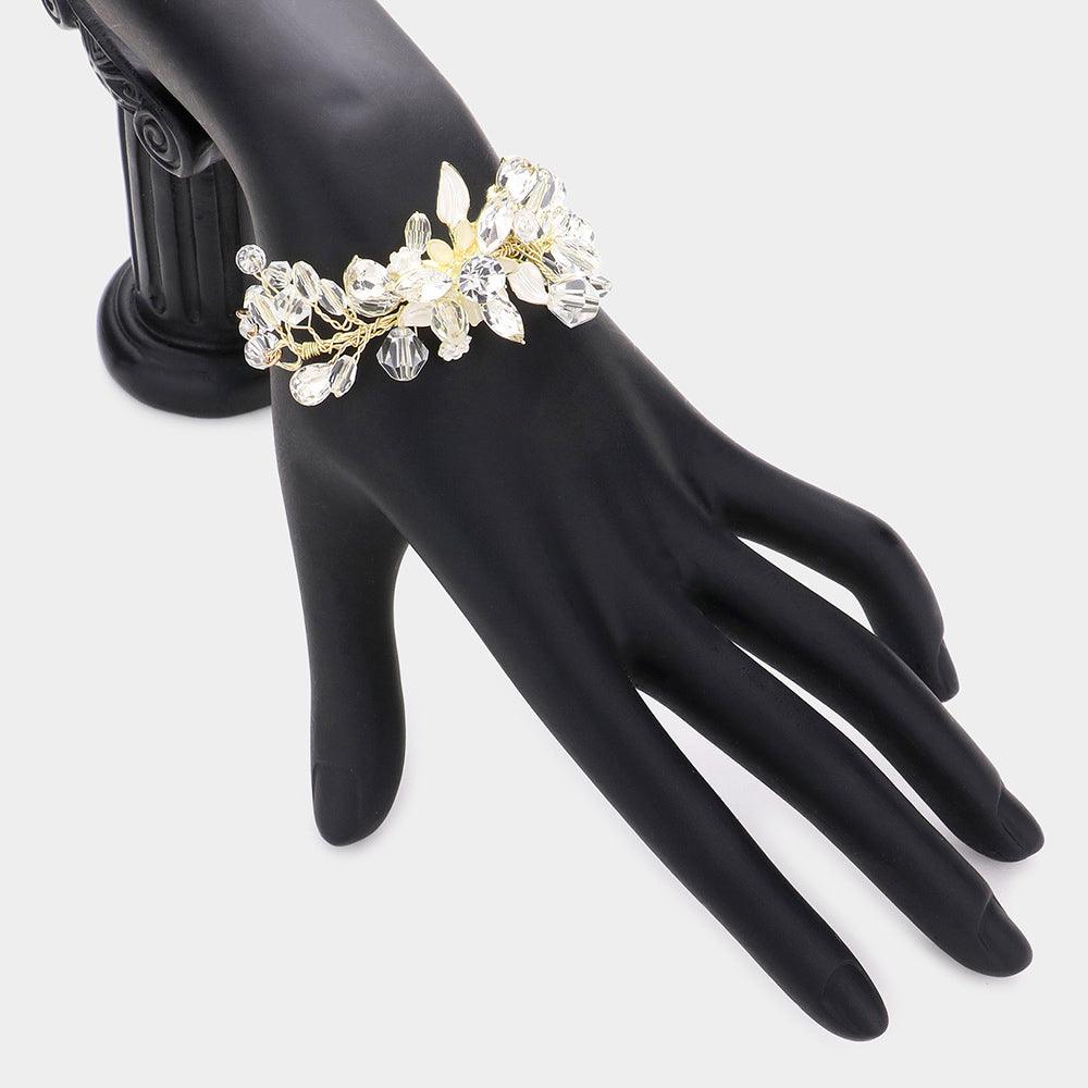 Gold Stone Bead Embellished Leaf Evening Bracelet