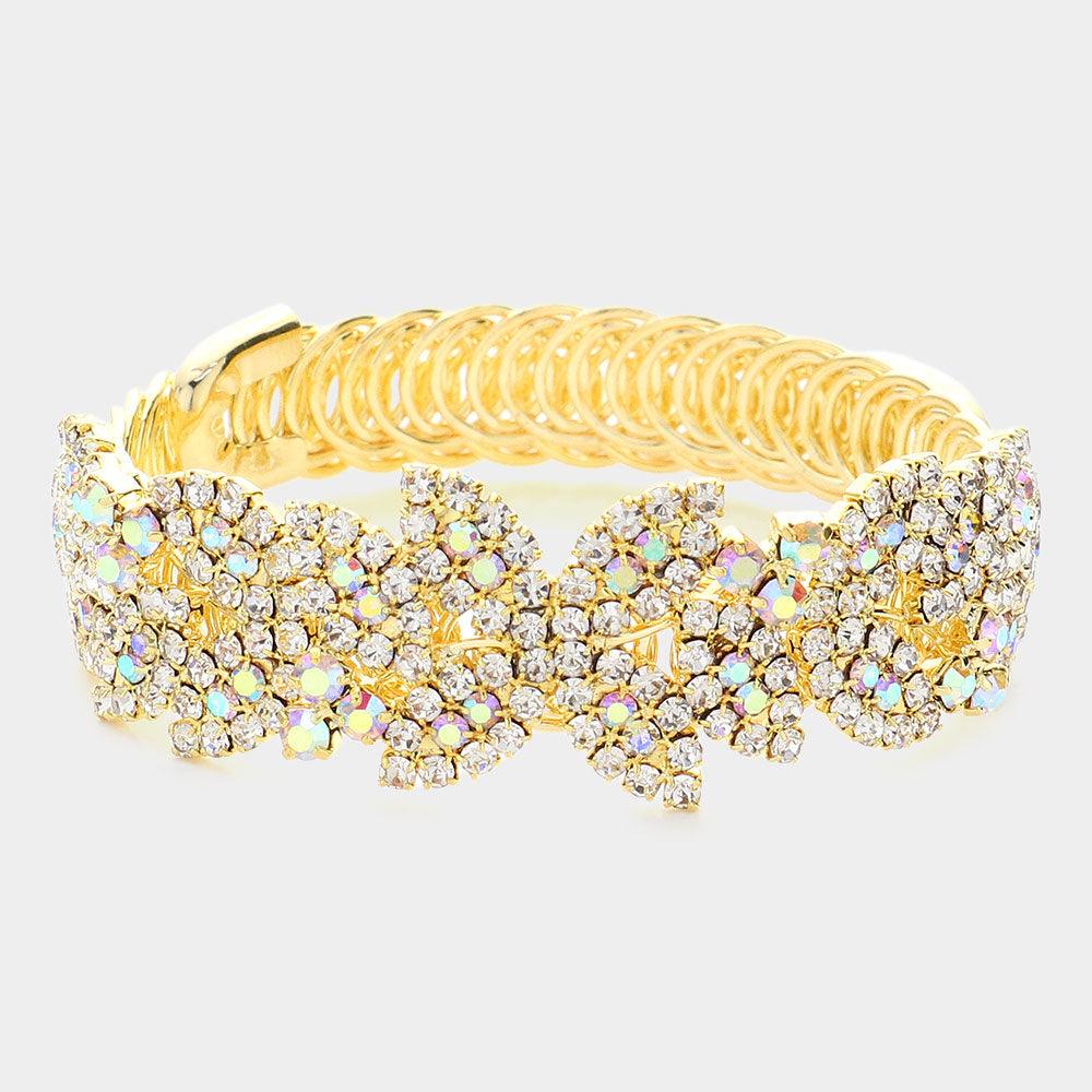 Gold Rhinestone Paved Flower Evening Bracelet