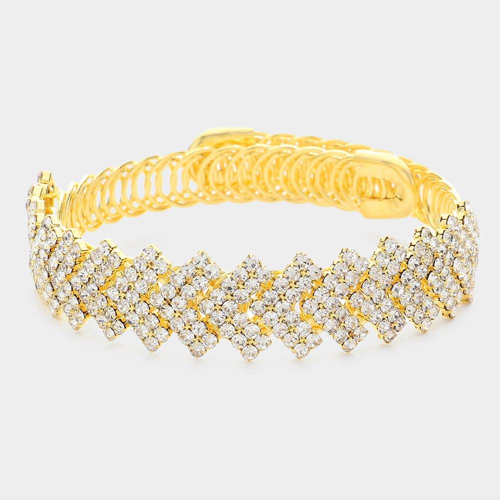 Gold Rhinestone Paved Geometric Evening Bracelet