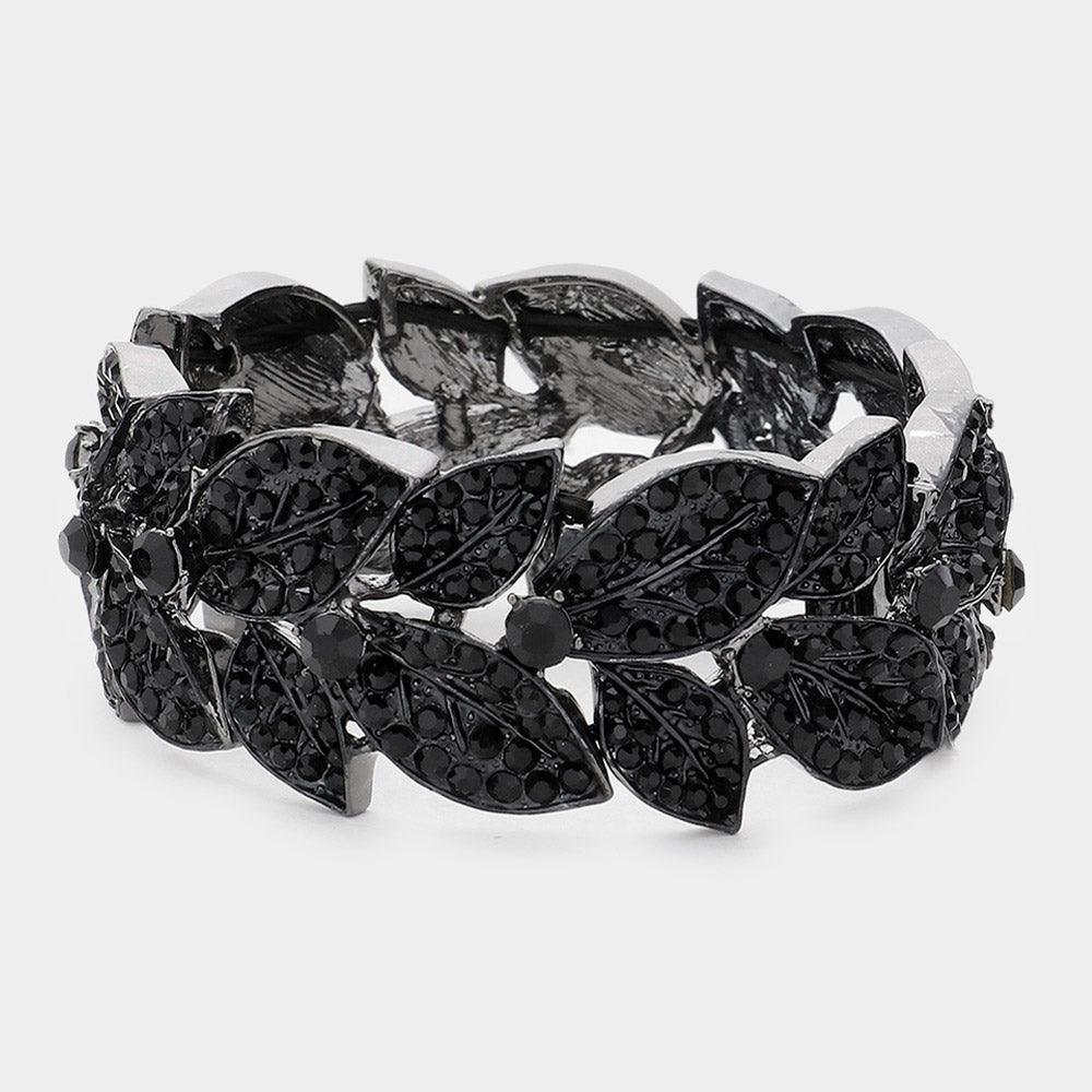 Black Stone Paved Leaf Linked Stretch Evening Bracelet - Jewelry Store by Erik Rayo