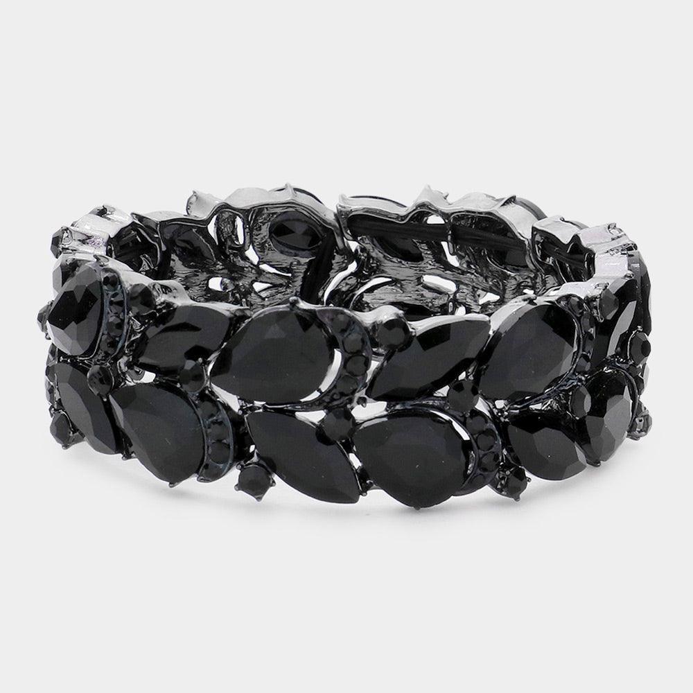 Black Teardrop Stone Cluster Embellished Stretch Evening Bracelet - Jewelry Store by Erik Rayo