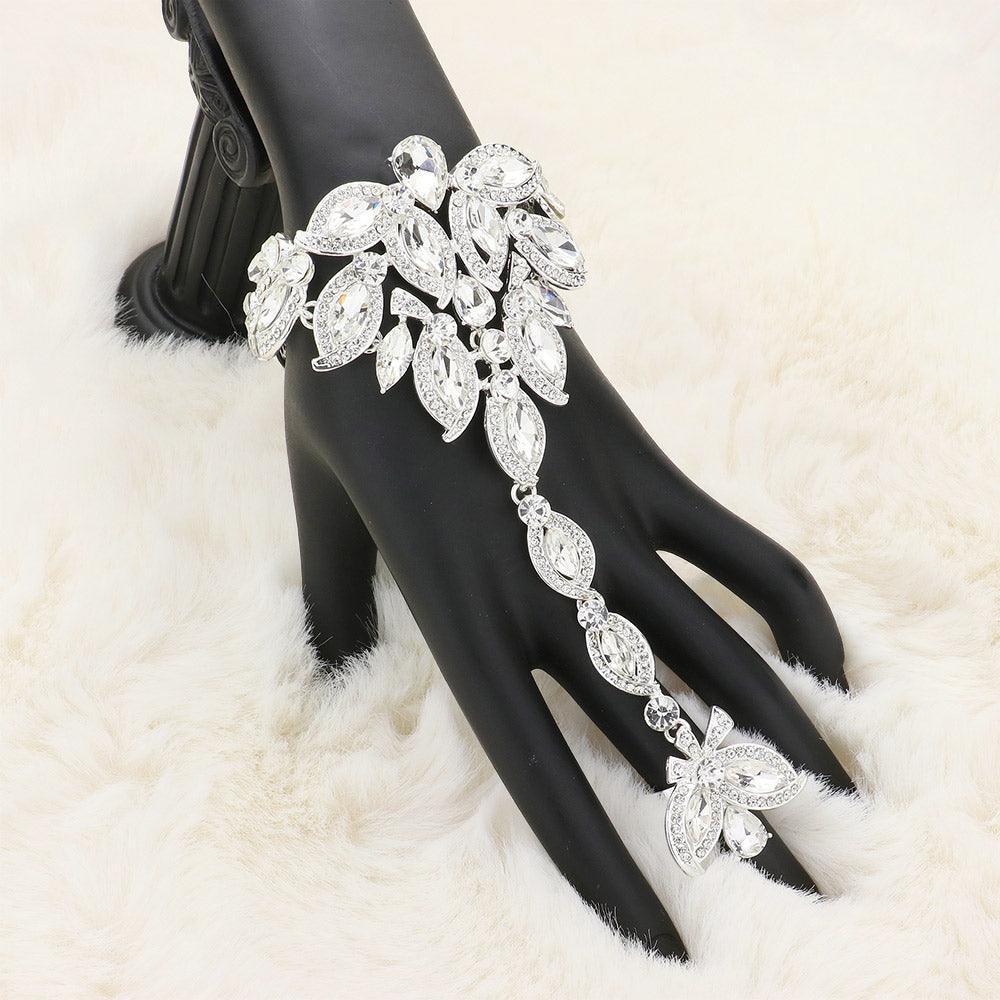 Silver Marquise Stone Custer Pointed Hand Chain Evening Bracelet - Jewelry Store by Erik Rayo