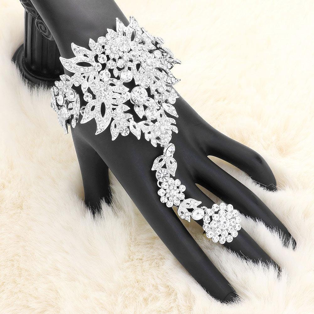 Silver Crystal Rhinestone Accented Hand Chain Evening Bracelet - Jewelry Store by Erik Rayo