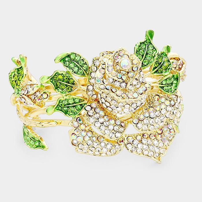 Green Crystal Pave Rose Flower Hinged Evening Bracelet - Jewelry Store by Erik Rayo