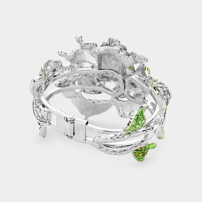 Green Crystal Pave Rose Flower Hinged Evening Bracelet - Jewelry Store by Erik Rayo