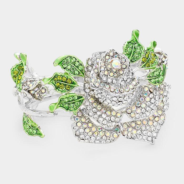 Green Crystal Pave Rose Flower Hinged Evening Bracelet - Jewelry Store by Erik Rayo