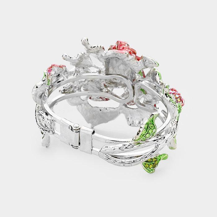 Fuchsia Crystal Pave Rose Flower Hinged Evening Bracelet - Jewelry Store by Erik Rayo