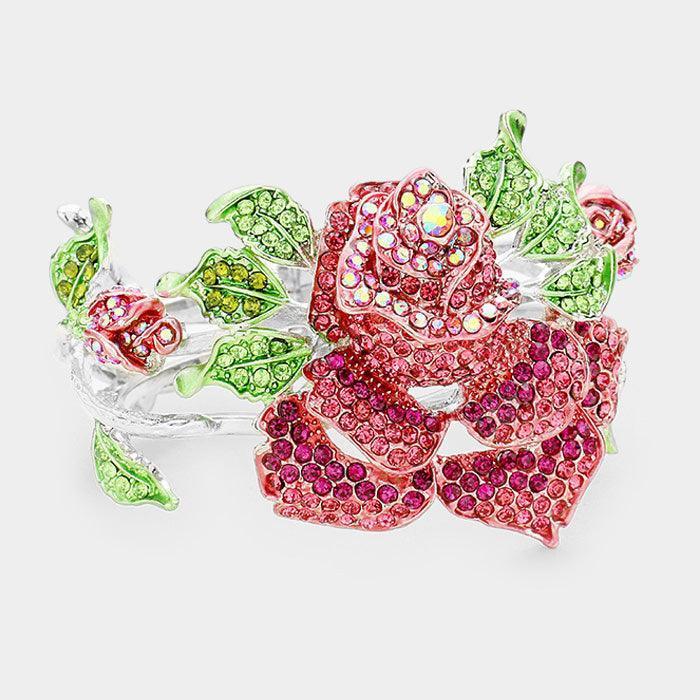 Fuchsia Crystal Pave Rose Flower Hinged Evening Bracelet - Jewelry Store by Erik Rayo