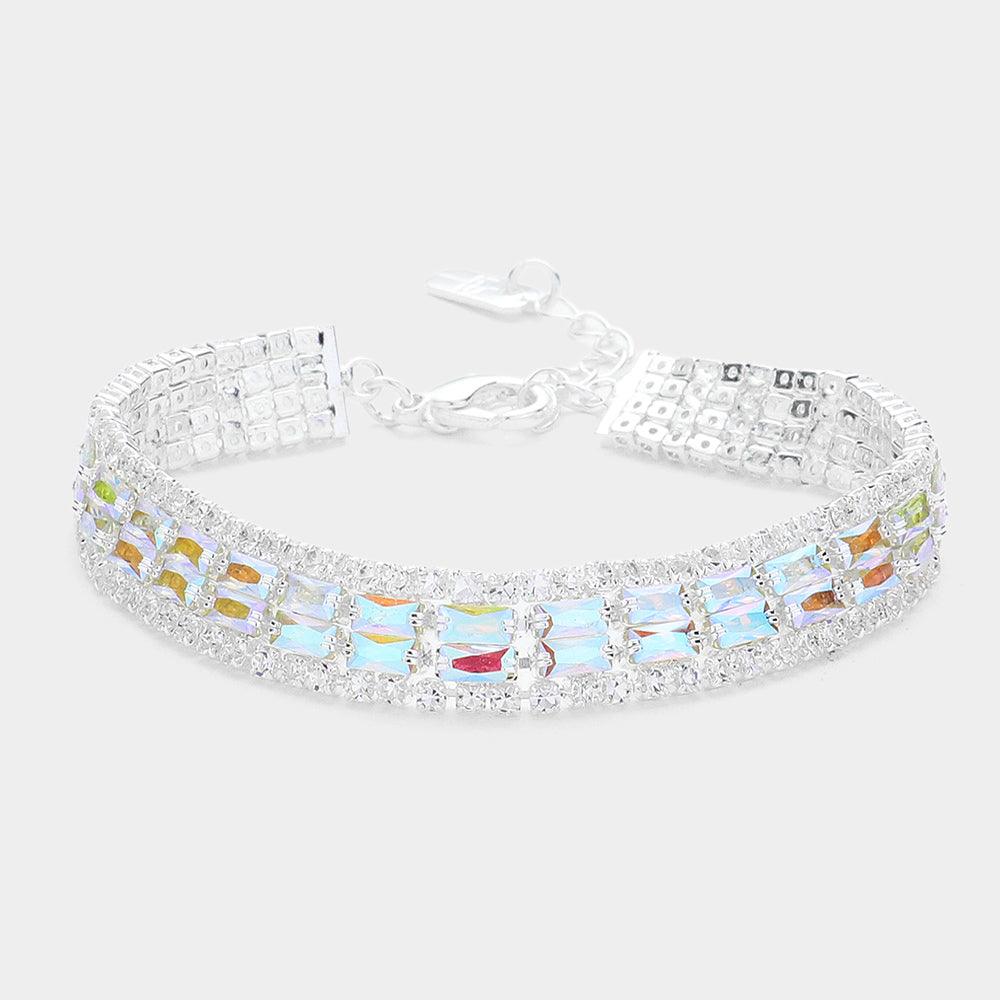 Silver CZ Baguette Rhinestone Embellished Evening Bracelet