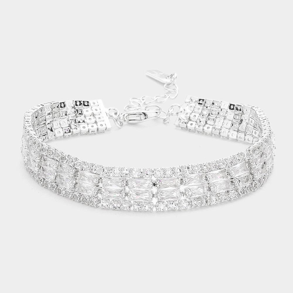Silver CZ Baguette Rhinestone Embellished Evening Bracelet - Jewelry Store by Erik Rayo