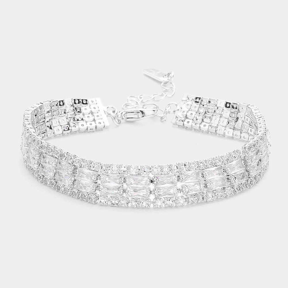 Silver CZ Baguette Rhinestone Embellished Evening Bracelet