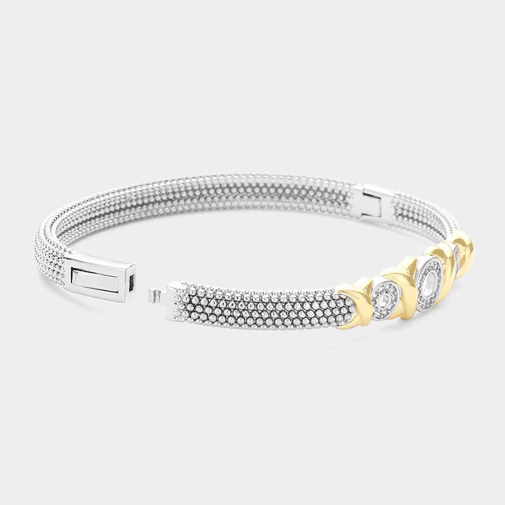 CZ Stone Paved Triple Open Circle Accented Crisscross Metal Bubble Bangle Bracelet - Jewelry Store by Erik Rayo