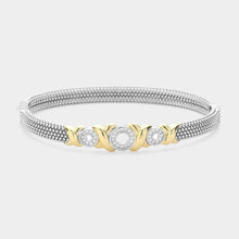 Load image into Gallery viewer, CZ Stone Paved Triple Open Circle Accented Crisscross Metal Bubble Bangle Bracelet
