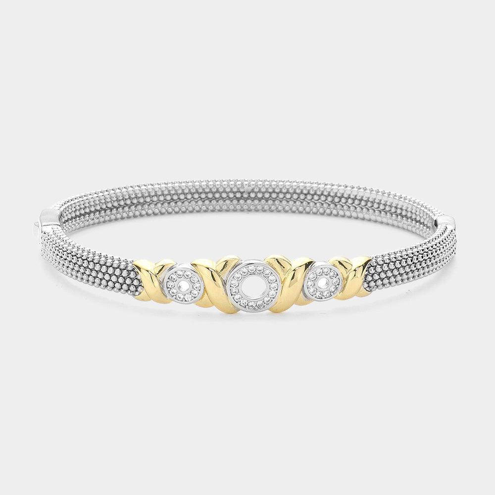 CZ Stone Paved Triple Open Circle Accented Crisscross Metal Bubble Bangle Bracelet