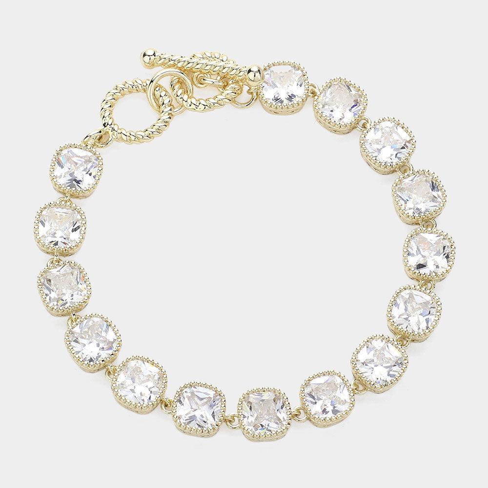 Gold 14K Gold Plated Square CZ Stone Link Evening Toggle Bracelet