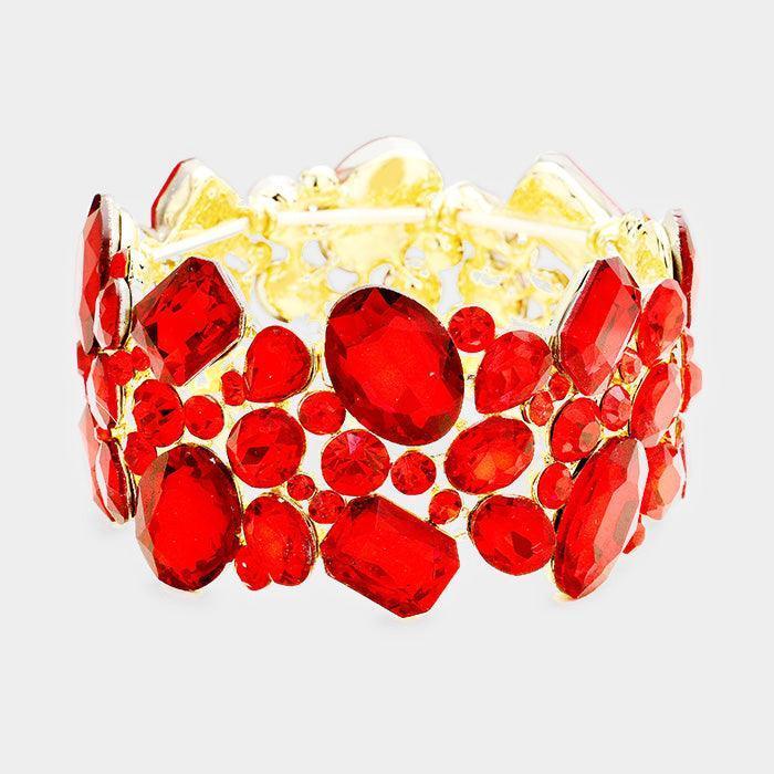 Red Oval Glass Crystal Cluster Evening Stretch Bracelet - Jewelry Store by Erik Rayo