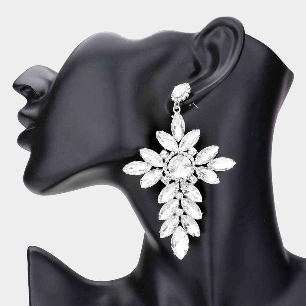 Silver Marquise Stone Cluster Cross Dangle Evening Earrings