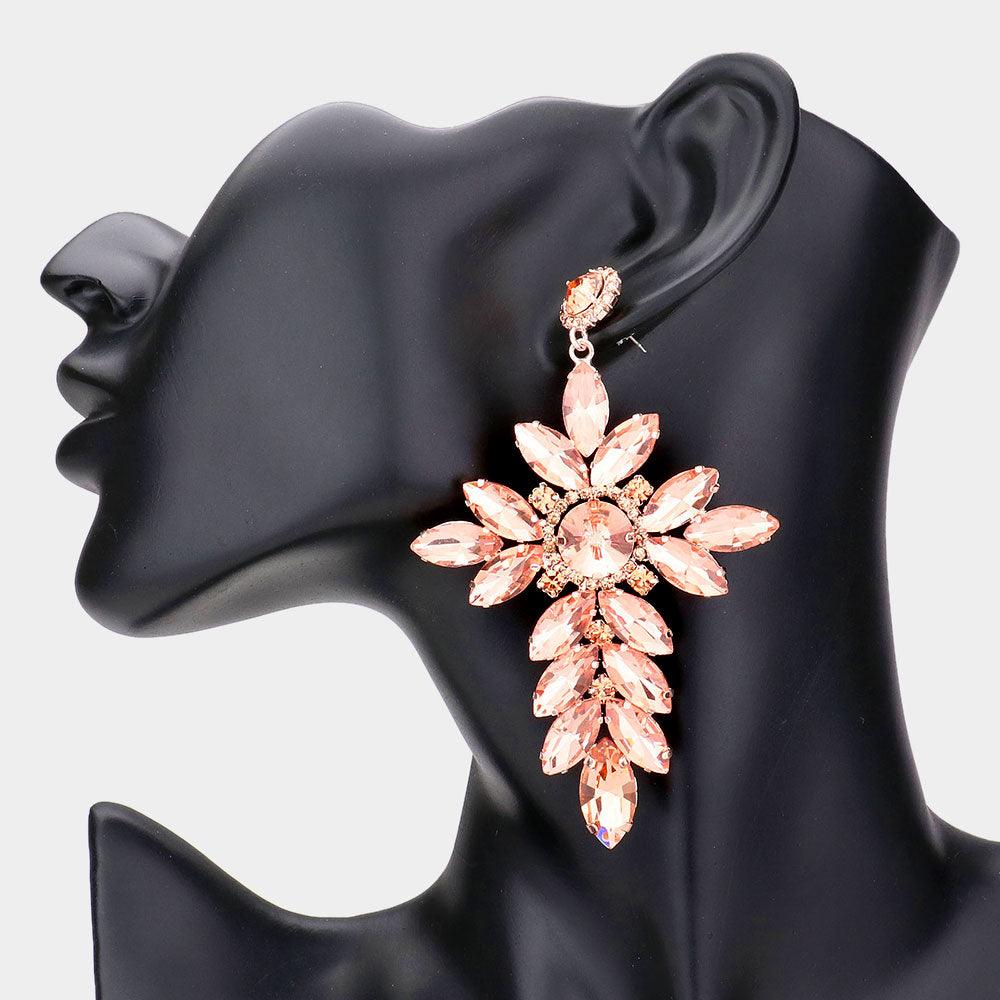 Peach Marquise Stone Cluster Cross Dangle Evening Earrings