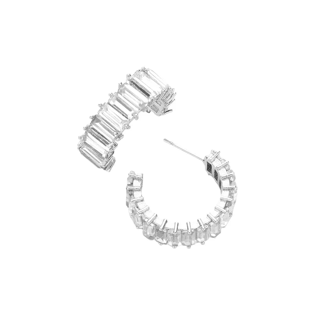 Silver CZ Rectangle Stone Cluster Half Hoop Evening Earrings - Jewelry Store by Erik Rayo