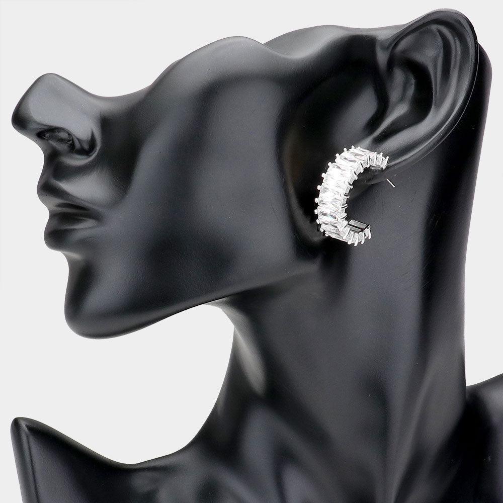 Silver CZ Rectangle Stone Cluster Half Hoop Evening Earrings - Jewelry Store by Erik Rayo