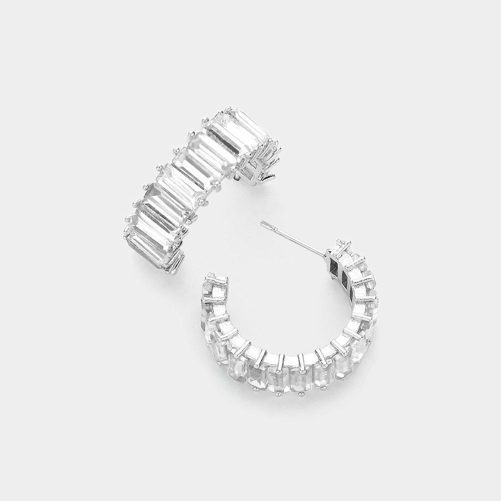 Silver CZ Rectangle Stone Cluster Half Hoop Evening Earrings - Jewelry Store by Erik Rayo