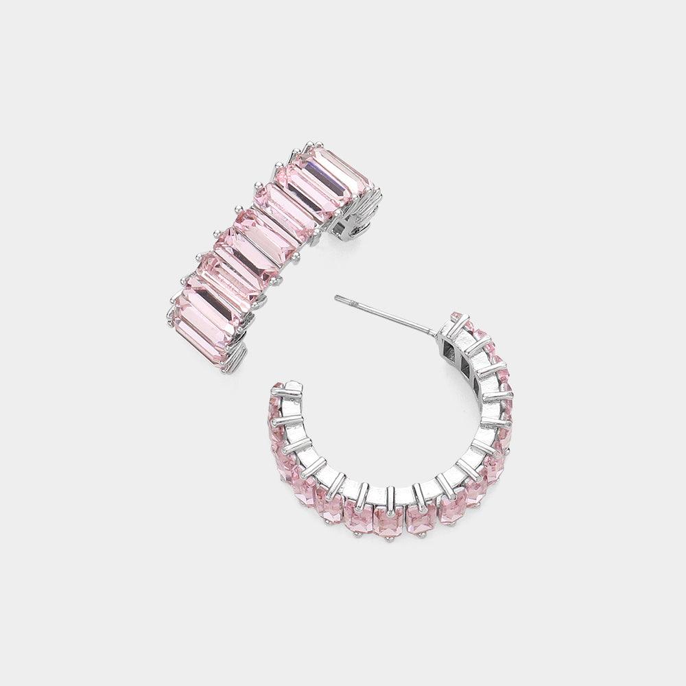 Pink CZ Rectangle Stone Cluster Half Hoop Evening Earrings