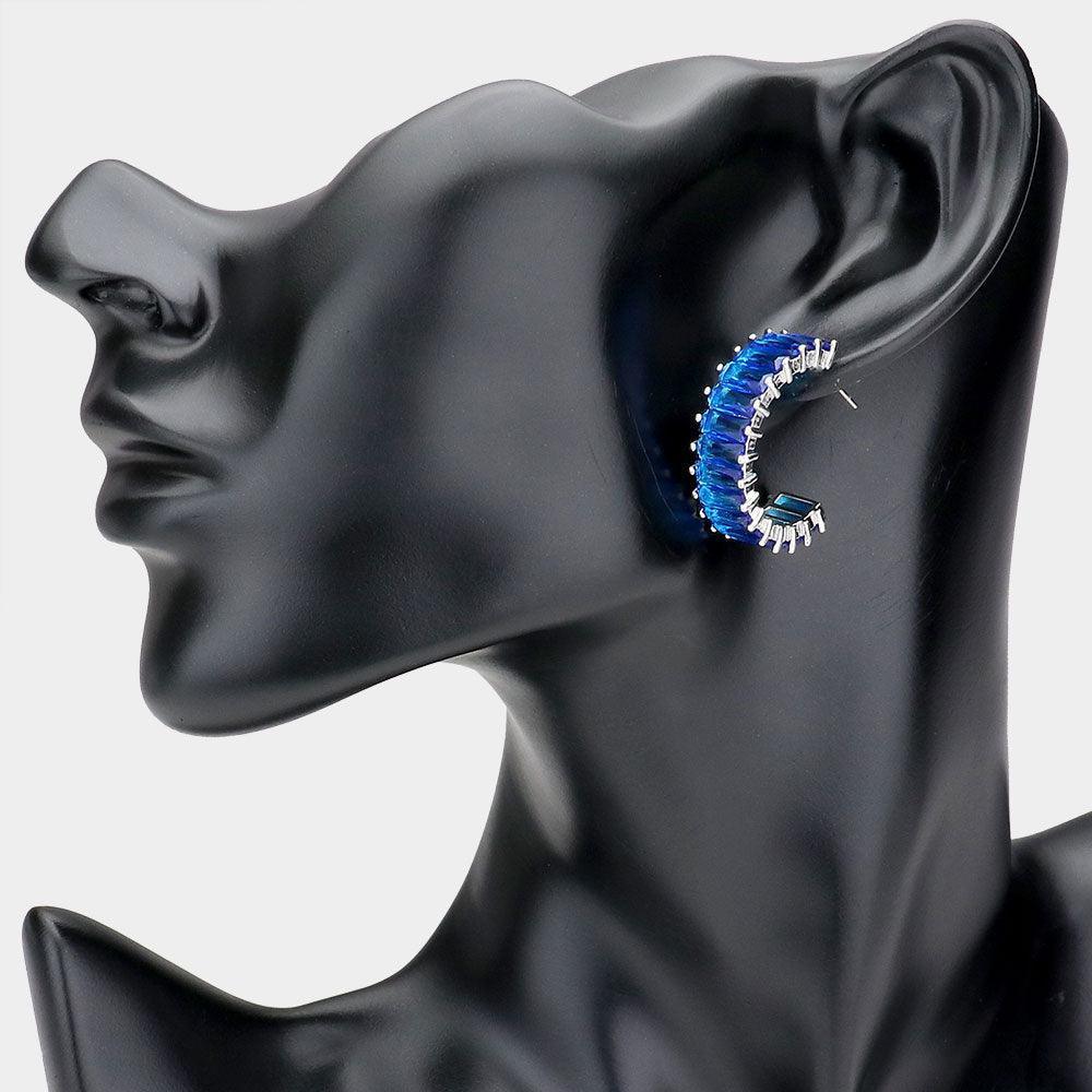 CZ Rectangle Stone Cluster Half Hoop Evening Earrings - Jewelry Store by Erik Rayo