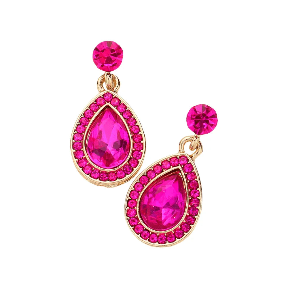 Fuchsia Rhinestone Trim Teardrop Stone Dangle Evening Earrings - Jewelry Store by Erik Rayo