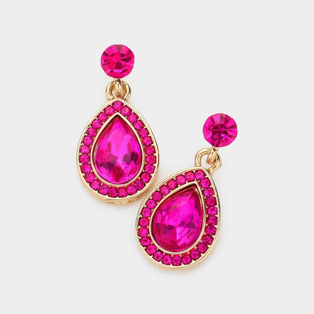 Fuchsia Rhinestone Trim Teardrop Stone Dangle Evening Earrings - Jewelry Store by Erik Rayo