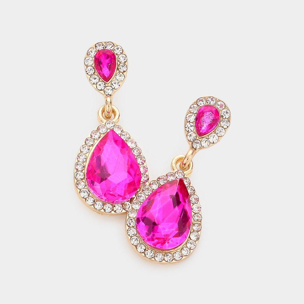 Fuchsia Double Teardrop Stone Evening Earrings - Jewelry Store by Erik Rayo