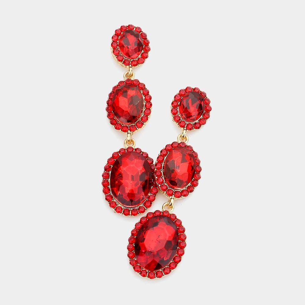 Red Triple Oval Glass Stone Drop Down Dangle Evening Earrings - Jewelry Store by Erik Rayo