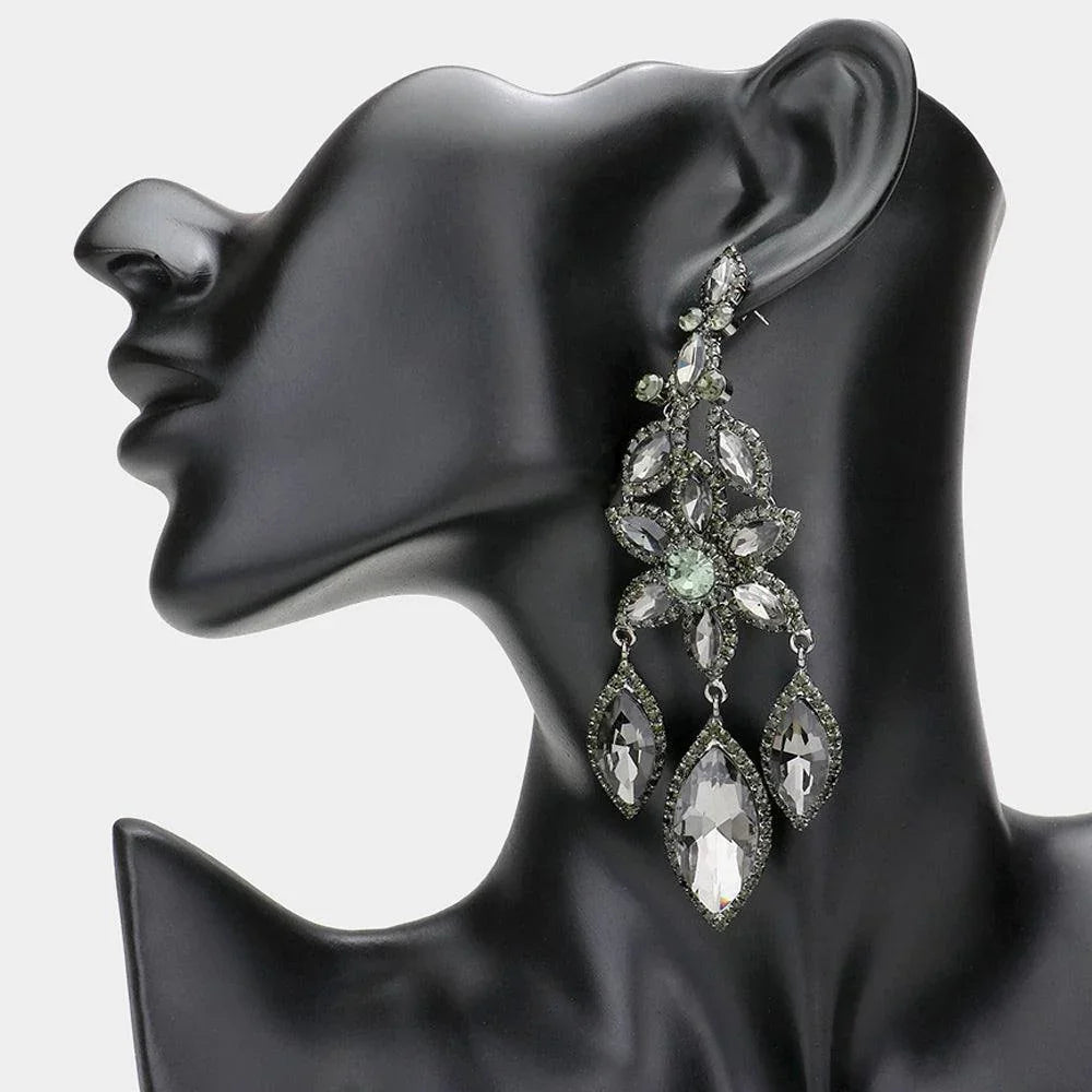 Black Flower Accented Triple Marquise Stone Link Dangle Evening Earrings - Jewelry Store by Erik Rayo